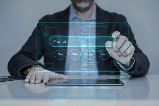 Businessman writing a prompt on a futuristic virtual screen to command a generative AI tool