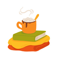 Seamless cozy autumn clipart with fall hygge elements. Pumpkin sweater, tea, candle, pie, socks, book, honey, acorns, leaves, and teapot. Warm fall vibes in flat vector cartoon illustration