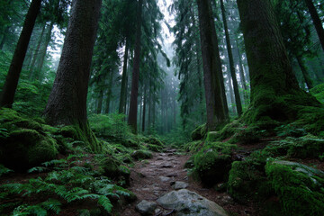 Obraz premium Majestic forest path surrounded by tall trees and lush greenery under a misty sky