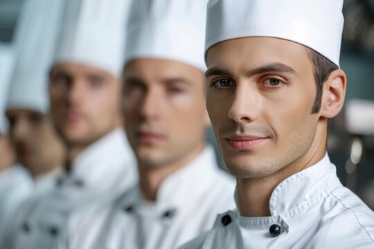 Young male chef posing with colleagues in kitchen - Powered by Adobe