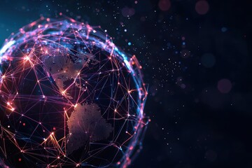 Digital glowing wireframe globe with interconnected network lines and bright nodes, symbolizing global communication and technology in dark space background
