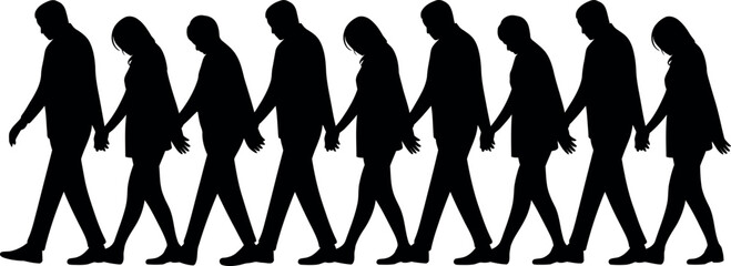 Silhouettes of People Walking Holding Hands Together in Unity and Teamwork