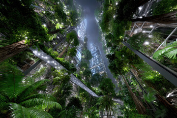 Obraz premium Lush urban jungle with towering trees and modern architecture at night