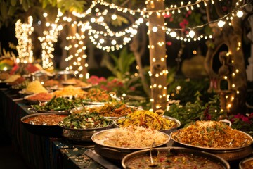 Fototapeta premium Festive buffet of delicious food with lights