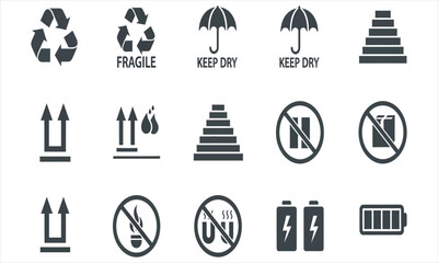 Comprehensive collection of universally recognized shipping and handling instruction symbols for safe logistics, packaging, and transportation of goods, ideal for labeling and warnings