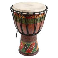 A traditional djembe drum with intricate patterns, isolated on transparent background