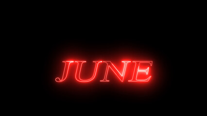 Red Neon glowing June month text effect on black background