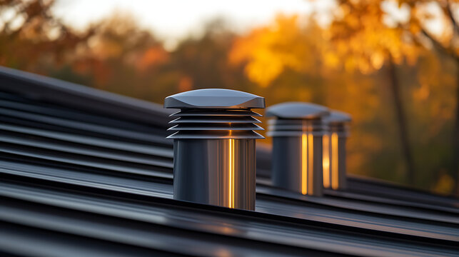 A sleek, modern metal roof gleams under the warm sunlight, accented by vents that offer architectural intrigue against a backdrop of autumn foliage in a residential setting.