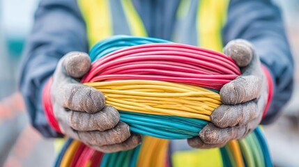 An electrician holds a bunch of colorful electric wires, showcasing the importance of safe and efficient electrical work for power distribution and communication systems.