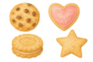 Assortment of baked cookies with chocolate chips, star, heart, and sandwiched styles, watercolor illustration on transparent background