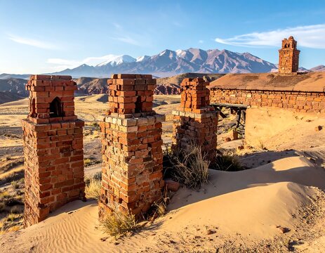 Desert landscape with ancient brick structures under a clear blue sky, with distant snow-capped mountains providing a scenic backdrop