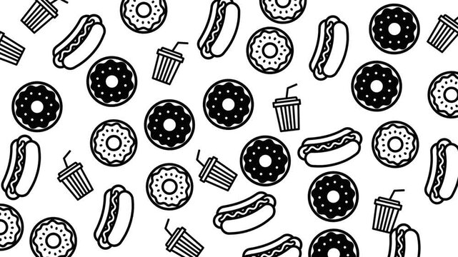 Doodle food pattern with milk, doughnuts, hotdog, beverages. Perfect for backgrounds, stationery, packaging design, and kitchenrelated projects