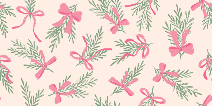 Fototapeta hand drawn seamless christmas pattern with pine branches and pink bows, cozy coquette background for wrapping paper, greeting cards and holiday textile design