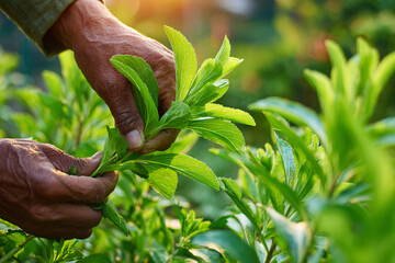Hands harvesting stevia leaves in a sunlit garden. Natural sweetener production.