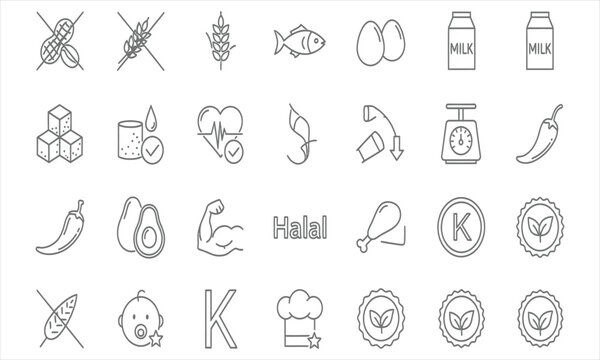 Dietary symbols including gluten-free, no allergens, organic food, halal, kosher, healthy eating, and dietary restrictions
