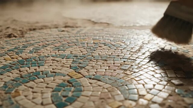 Mosaic floor grouting process with brush application. Artisan spreading filler on colorful tile pattern. Home renovation and tile restoration footage.