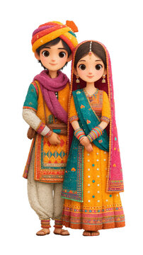 Indian Wedding Couple Together PNG on White Background. Isolated painting for invitation card, web design, prints