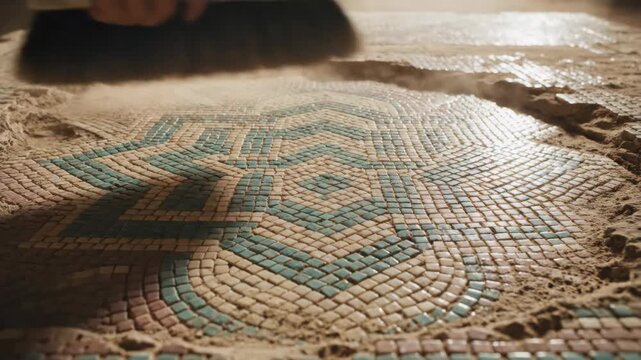 Hand sweeping sand to reveal intricate mosaic floor. Cleaning ancient tile pattern in dusty site. Archaeological restoration and discovery footage.