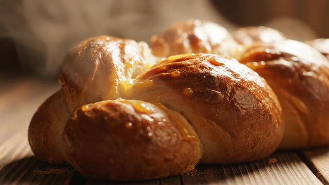 Fresh Baked and Golden Brown Challah Bread on a Wooden Table close up shot
