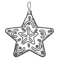 Christmas star toy decor icon hand drawn, doodle sketch black line art