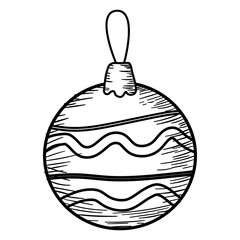 Christmas ball toy decor icon hand drawn, doodle sketch black line art