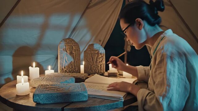 Woman writing on ancient stone tablet by candlelight in tent. Archaeologist studying inscriptions in dim historical setting. Discovery and research concept footage.