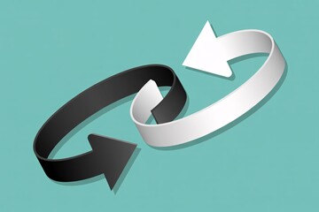 Black and white circular arrows loop on teal background, 3D refresh sync icon, opposite directions concept.