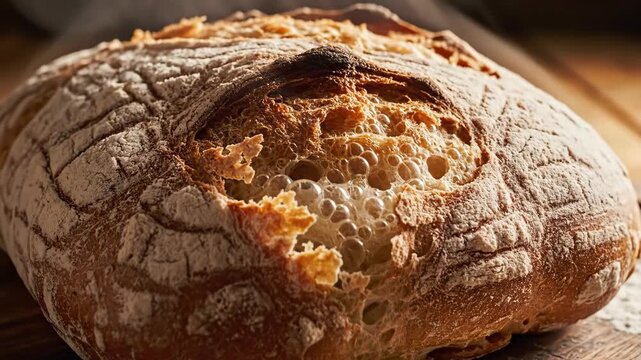 Freshly baked artisan bread loaf close-up, delicious crusty bread on a wooden surface