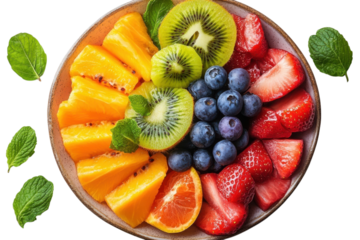 Colorful fruit bowl featuring fresh strawberries blueberries kiwi and oranges for a healthy snack on transparent background