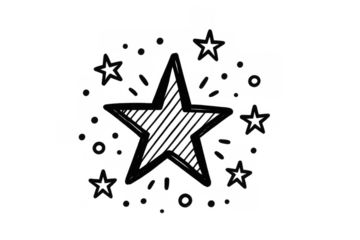 Hand drawing star creating burst effect with small stars and dots, transparent background, black and white style