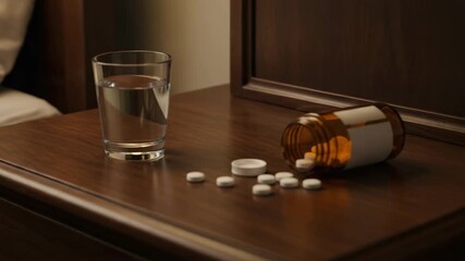 Medication bottle spilled with tablets and glass of water on nightstand   - Powered by Adobe