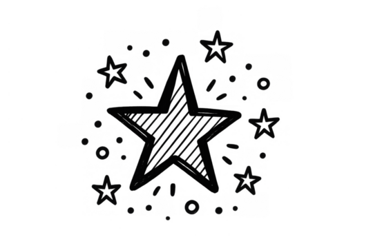 Hand drawing star creating burst effect with small stars and dots, transparent background, black and white style