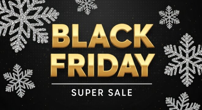 Black friday super sale with golden text and silver snowflakes on - Powered by Adobe