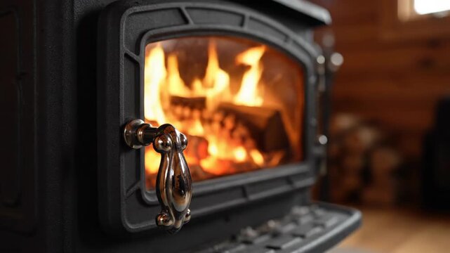 Cozy Fireplace with Burning Wood Logs, Warmth and Comfort, Home Atmosphere, Close Up View
