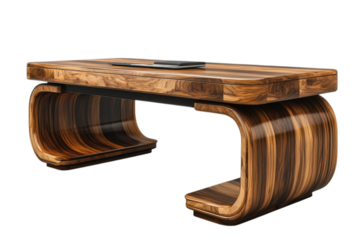 Elegant wooden desk with curved legs and a sleek tablet on top showcasing modern office furniture design on transparent background