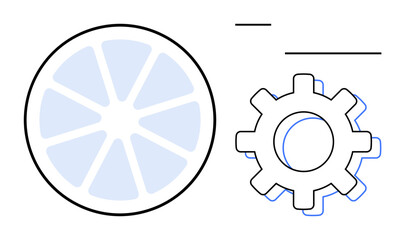 Juicy citrus slice alongside cogwheel, blending organic and mechanical concepts. Ideal for innovation, balance, technology, creativity, sustainability, process teamwork. A simple flat metaphor
