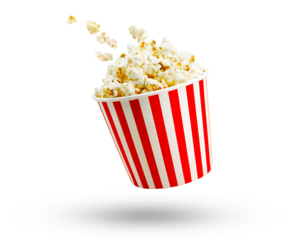 Popcorn in red and white striped box and flying out grains isolated on white or transparent background