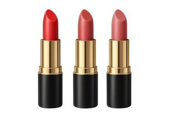 Obraz premium Three gold-capped lipsticks with black bases in red, rose, and nude shades