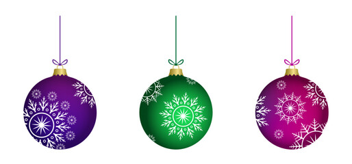 Abstract colorful 3d vintage christmas baubles set with snowflake decoration. Glass balls collection with ice flake to use for christmas card, xmas, winter holiday, new year projects. 