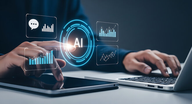 Person using digital tablet and laptop interacting with an ai interface and data visualizations for business analytics and insights.