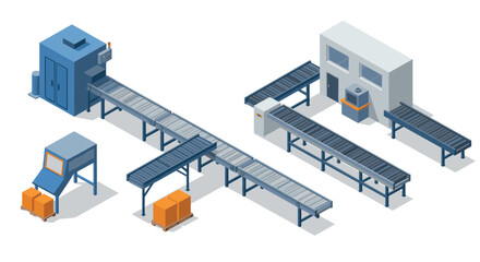 Obraz premium Isometric industrial conveyor system with machinery and packaging components