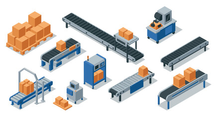 Obraz premium Isometric conveyor belt icons with packages and conveyor elements in a warehouse setting