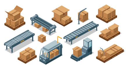 Isometric warehouse equipment set with conveyor belts and forklift for logistics and shipping