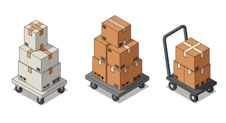 Stacked cardboard boxes on dolly carts in isometric style