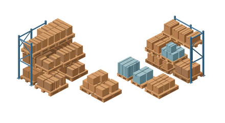 Isometric warehouse storage with cardboard boxes and pallets