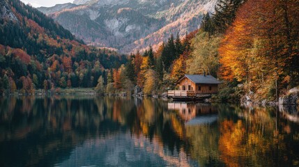 Fototapeta premium Serene Autumn Landscape with Cozy Cabin Surrounded by Colorful Trees and Calm Lake Reflection in Majestic Mountain Setting