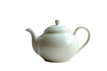 White ceramic teapot with lid and curved handle isolated on Transparent Background