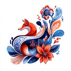 Fototapeta premium Nordic Folk Fox Ornament — Modern Red-Blue Holiday Flourish, Decorative Vector Style, Isolated