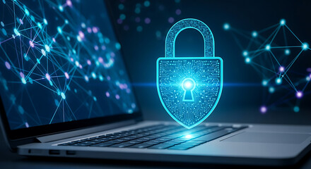 Padlock with circuit board pattern hovers over laptop keyboard, representing cyber security and data protection.