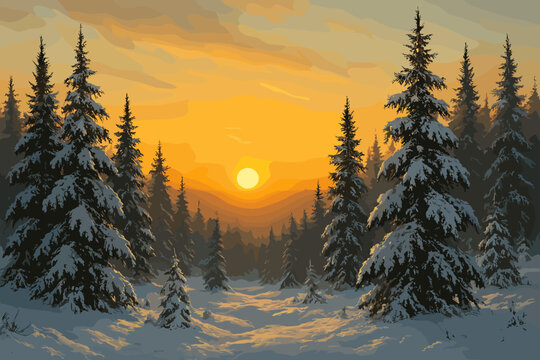 Sunset over snowy pine forest winter landscape digital peaceful environment serene view nature concept
